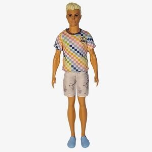 Mattel Ken Fashionistas Doll Rainbow Checker Malibu Shirt Blonde Hair Blue Shoes
